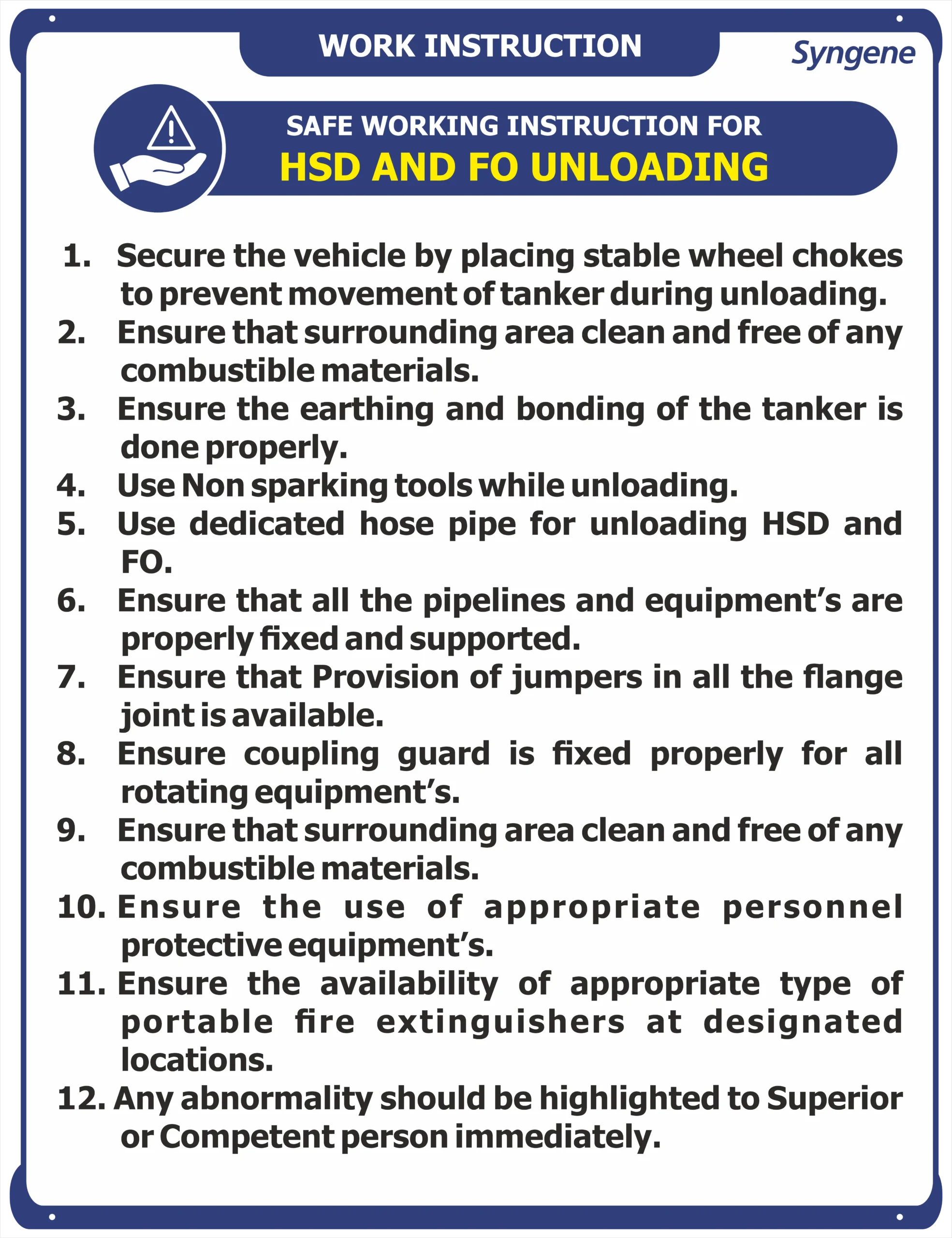 Safe Working Instruction for HSD & FO Unloading