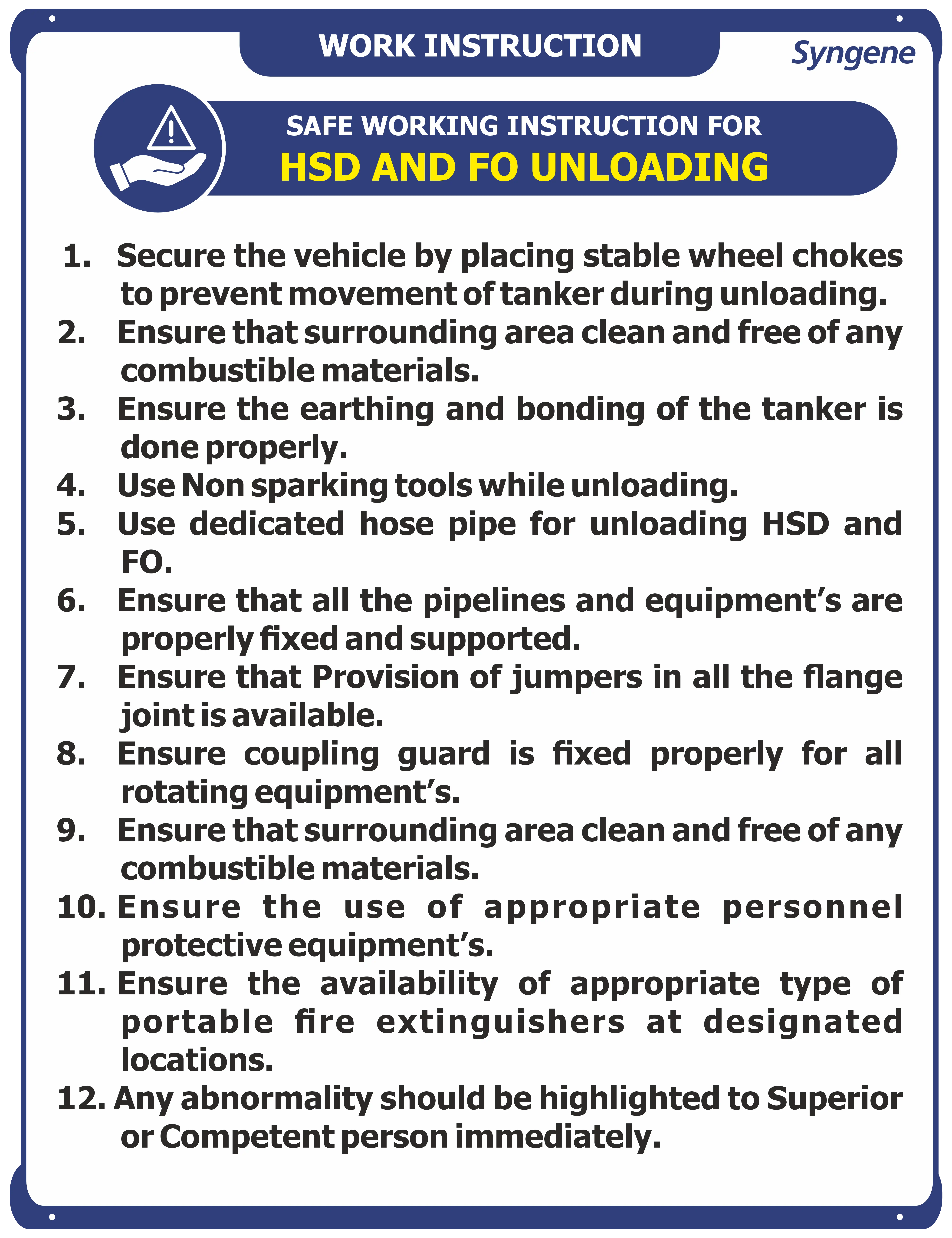 Safe Working Instruction for HSD & FO Unloading