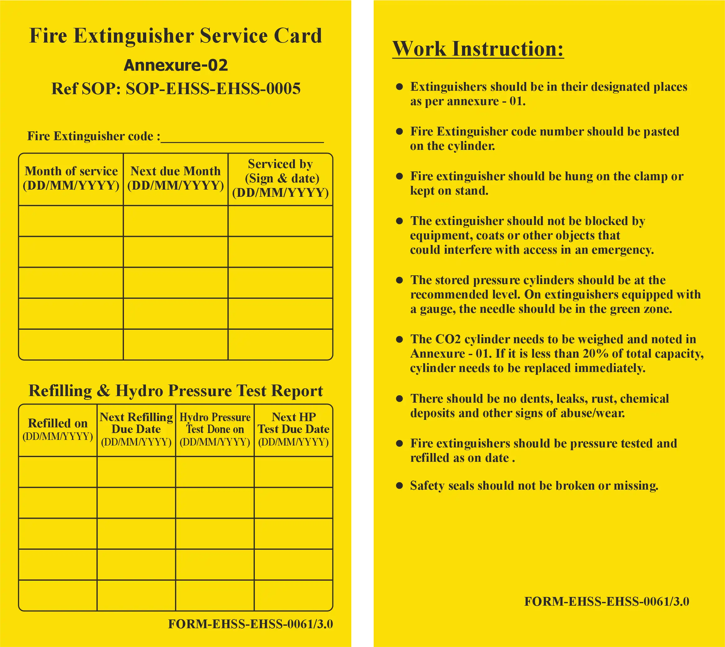 Fire Extinguisher Service Card