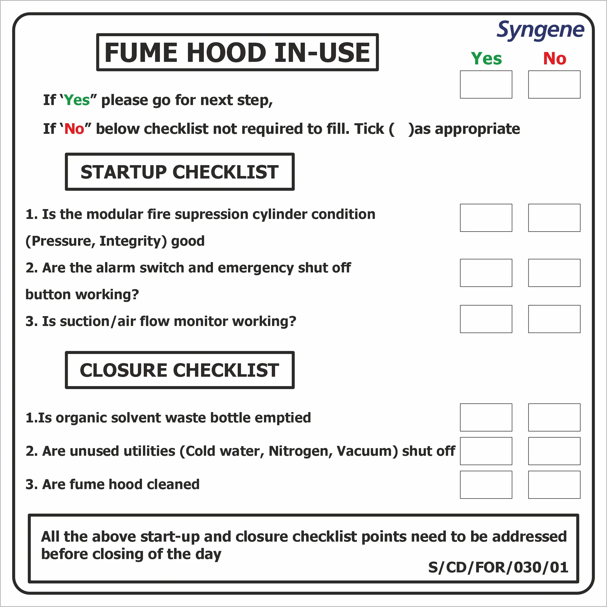 Fume Hood In-Use – Start-up & Closure Checklist